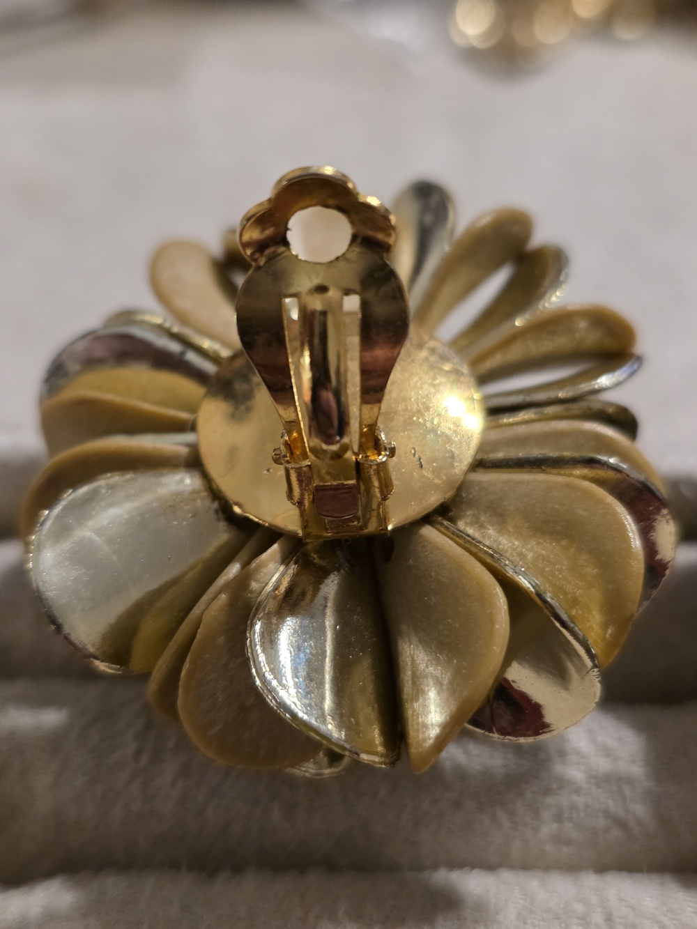 Large, Unique Floral Cluster Clip-On Earrings in Matte And Metallic Goldtone - Picture 4 of 7